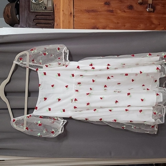 Shein Womens Dress White W/Red Embroidered Floral Sheer Overlay Sleeves Sz L EUC - Picture 5 of 11